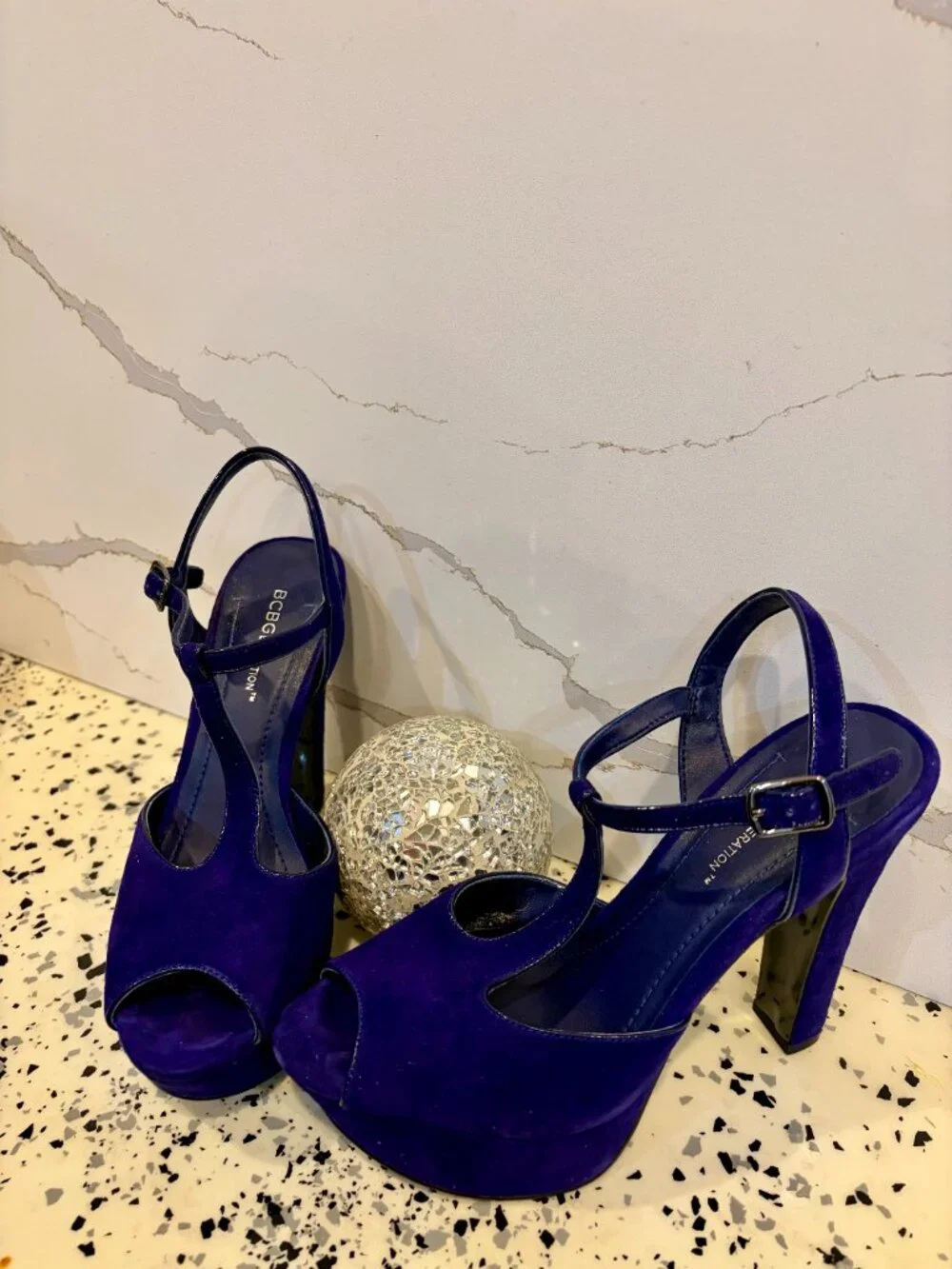 Suede Blue 7 1/2, excellent condition strap on shoe.